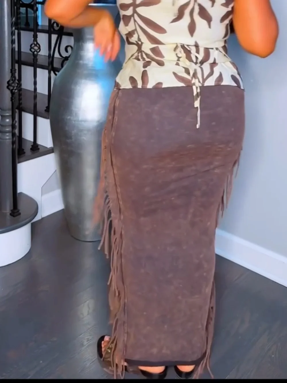 Boho Fringe Maxi Skirt in Brown